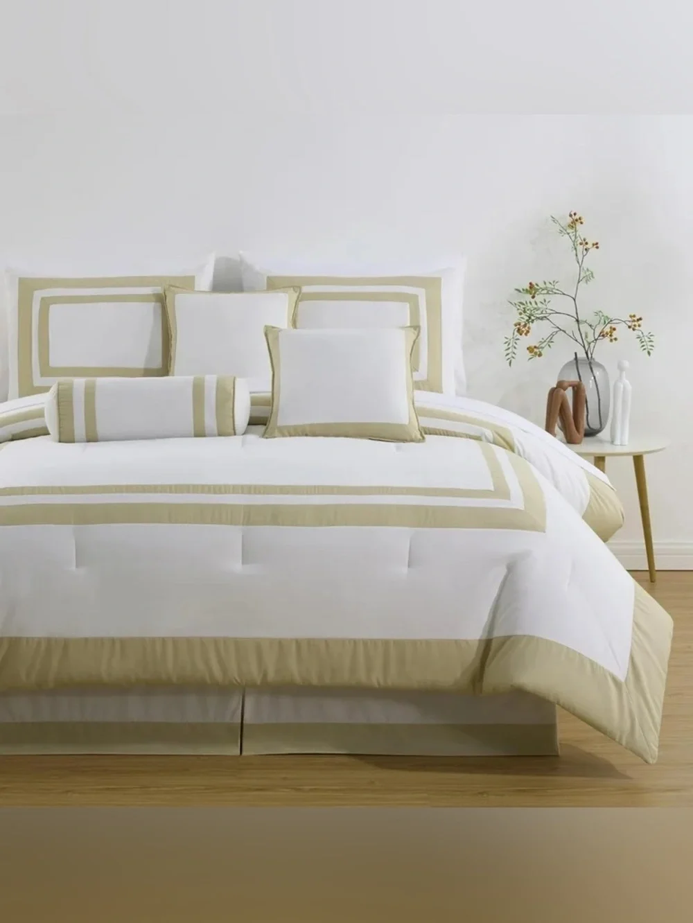 Luxury White and Beige Full 7 piece Hotel-Style Comforter Set